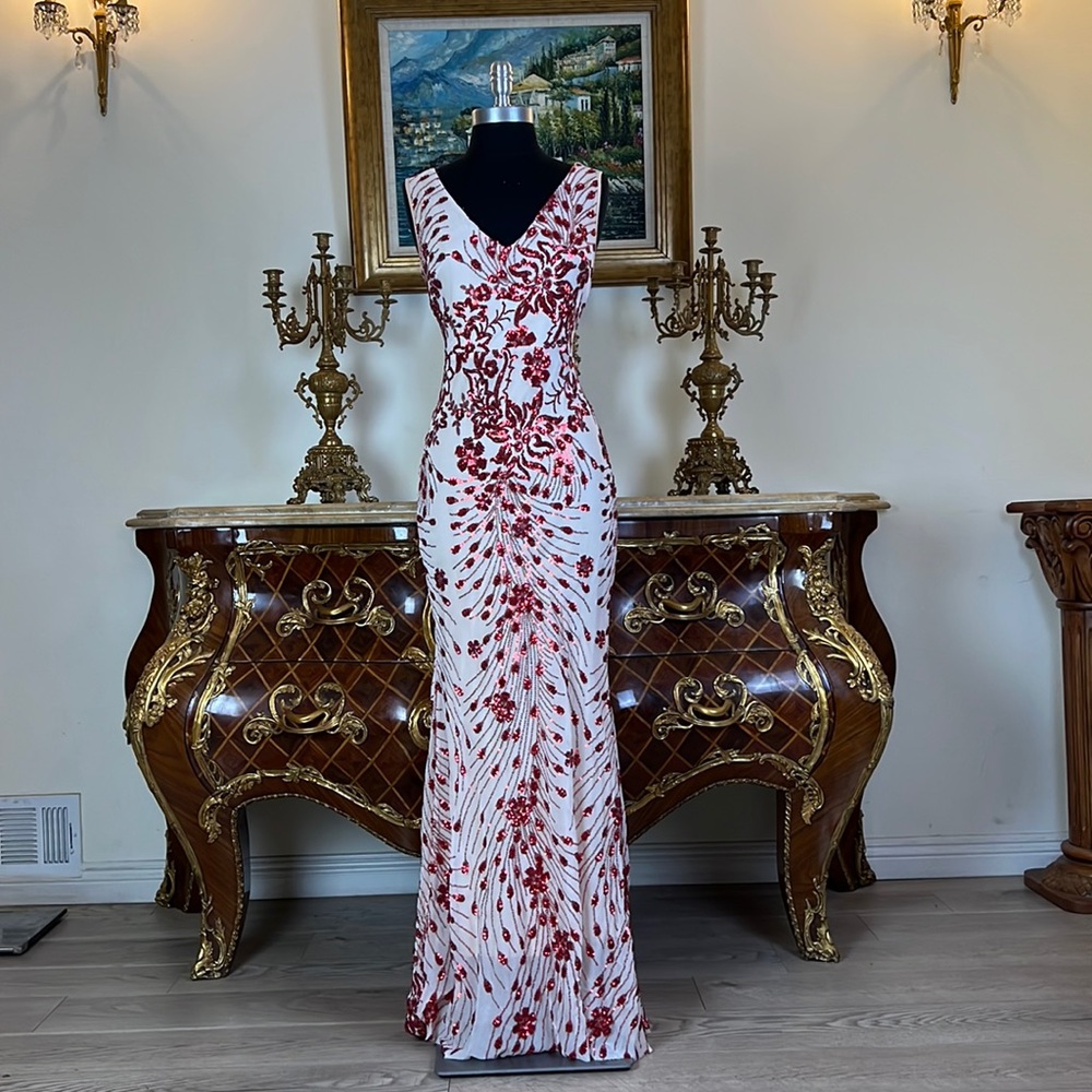 Elegant V-Neck White Evening Gown with Red Sequin Floral Embroidery